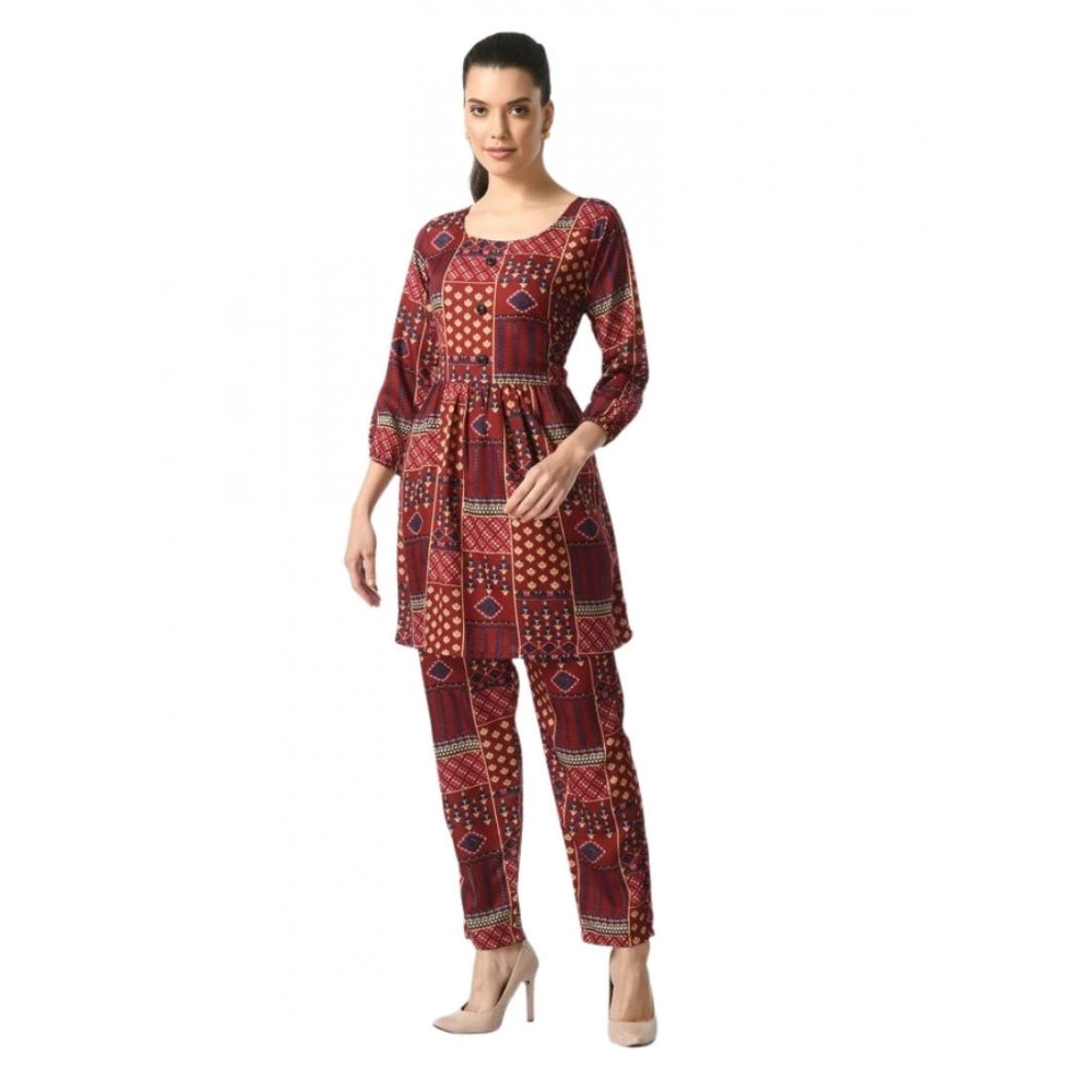Women's Casual Crepe 3-4th Sleeves Cord Set — Maroon