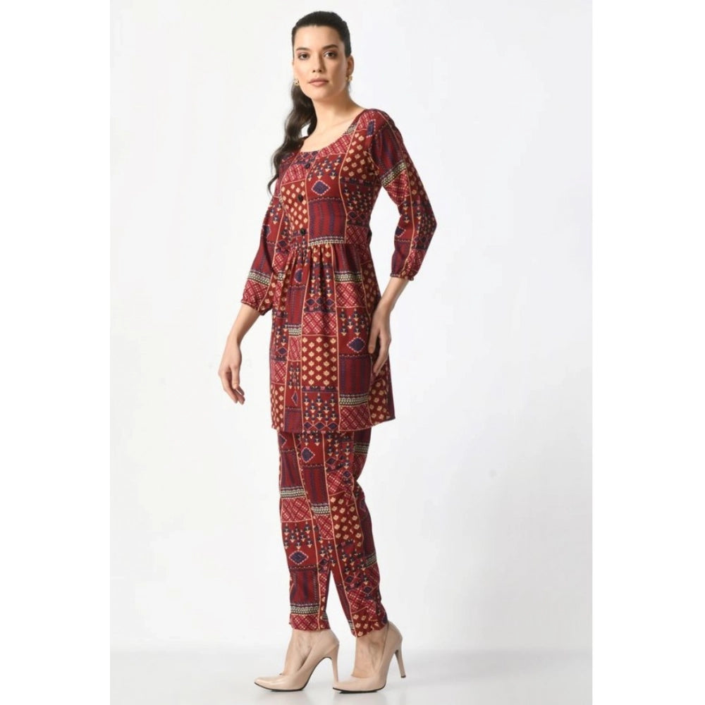Women's Casual Crepe 3-4th Sleeves Cord Set — Maroon