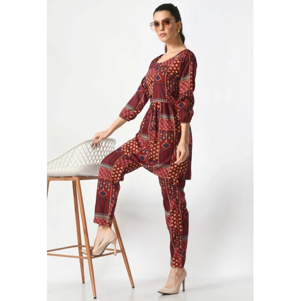 Women's Casual Crepe 3-4th Sleeves Cord Set — Maroon