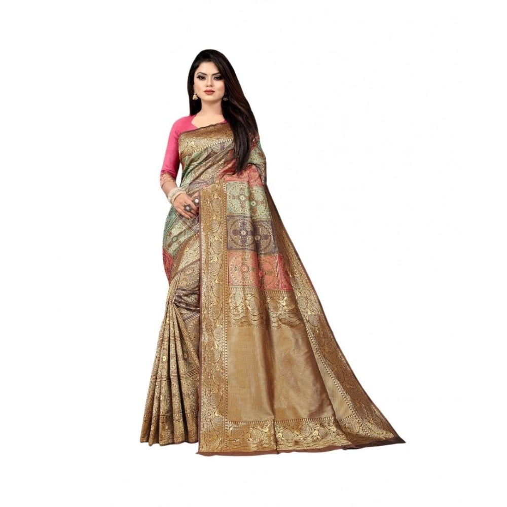 Women's Soft Lichi Silk Printed Saree — Gold · _003