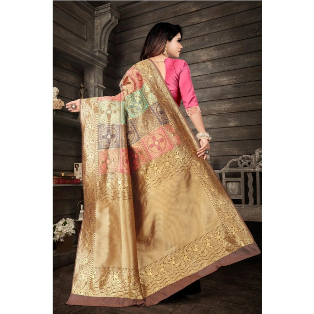 Women's Soft Lichi Silk Printed Saree — Gold · _003