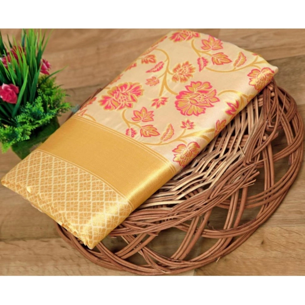 Women's Soft Lichi Silk Printed Saree — Gold · _008