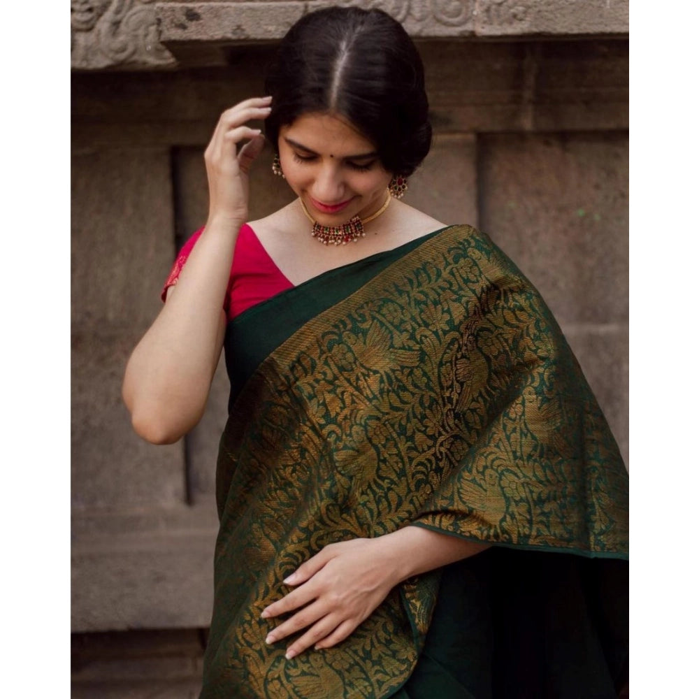 Women's Soft Lichi Silk Printed Saree — Green · _070