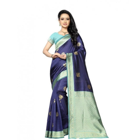 Women's Soft Lichi Silk Printed Saree — Navy Blue · _083