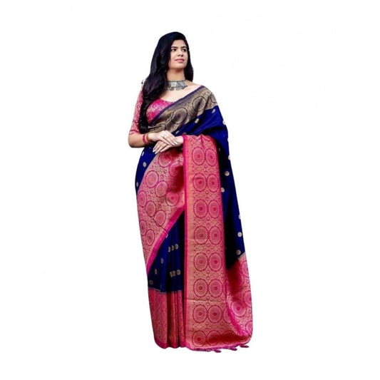 Women's Soft Lichi Silk Printed Saree — Blue · _088