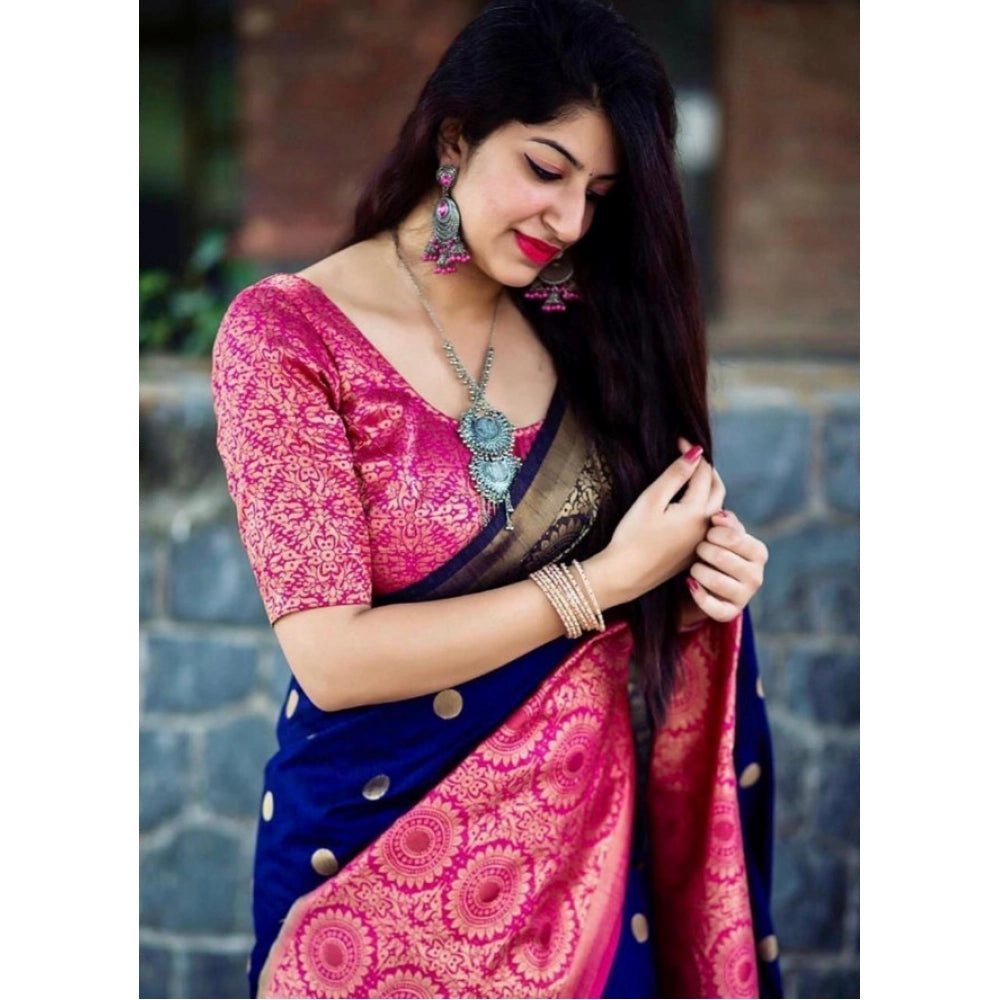 Women's Soft Lichi Silk Printed Saree — Blue · _088