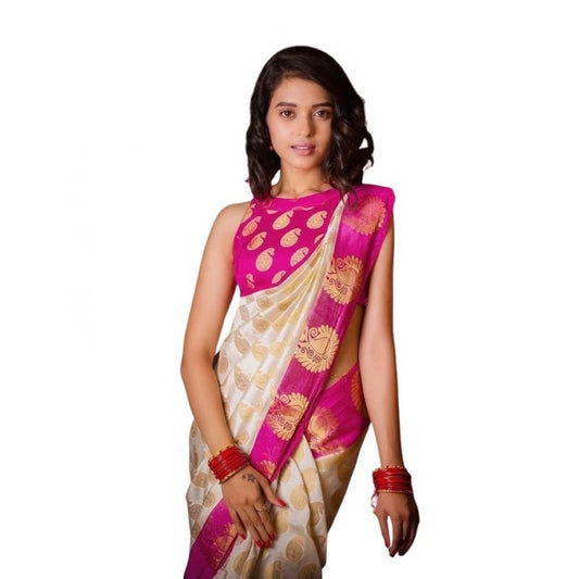 Women's Soft Lichi Silk Printed Saree — White · _090