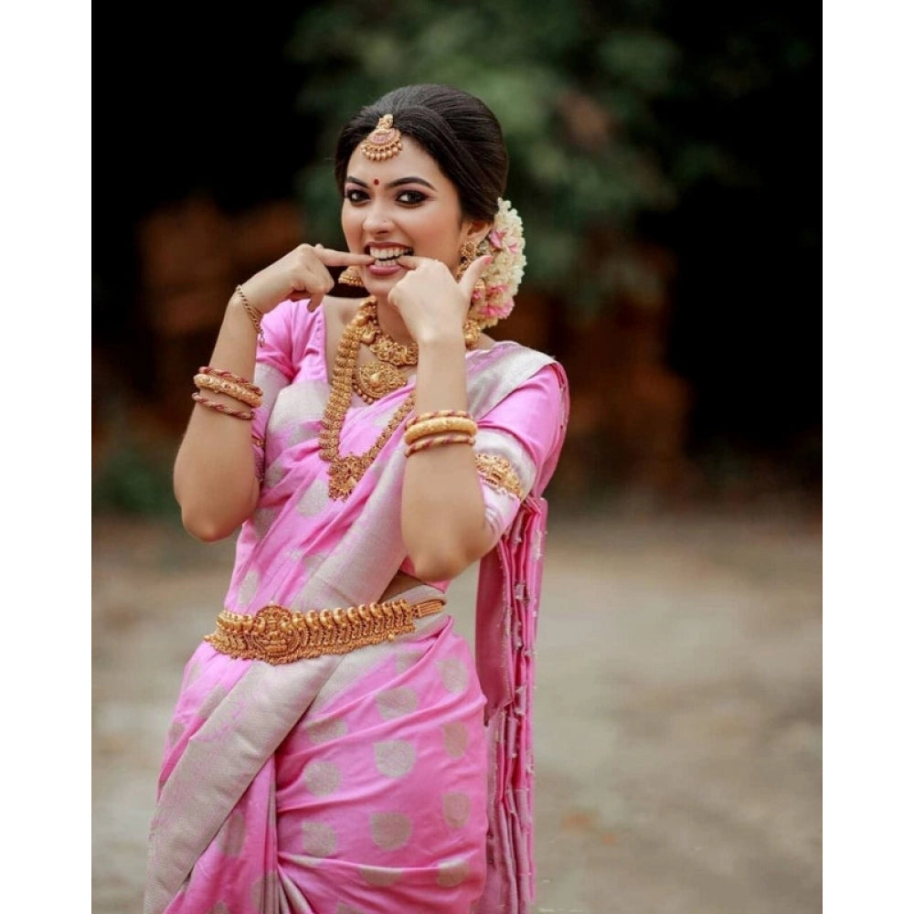 Women's Soft Lichi Silk Printed Saree — Pink · _092