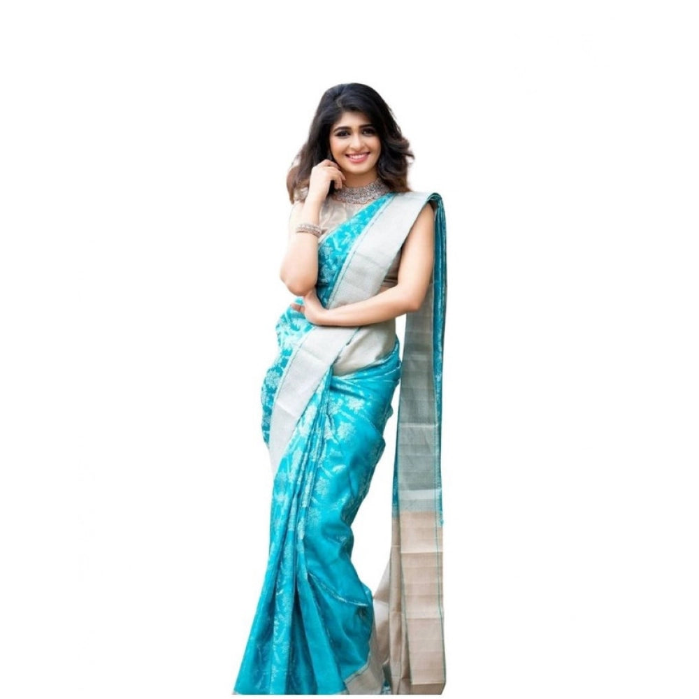Women's Soft Lichi Silk Printed Saree — Sky-Blue · _093