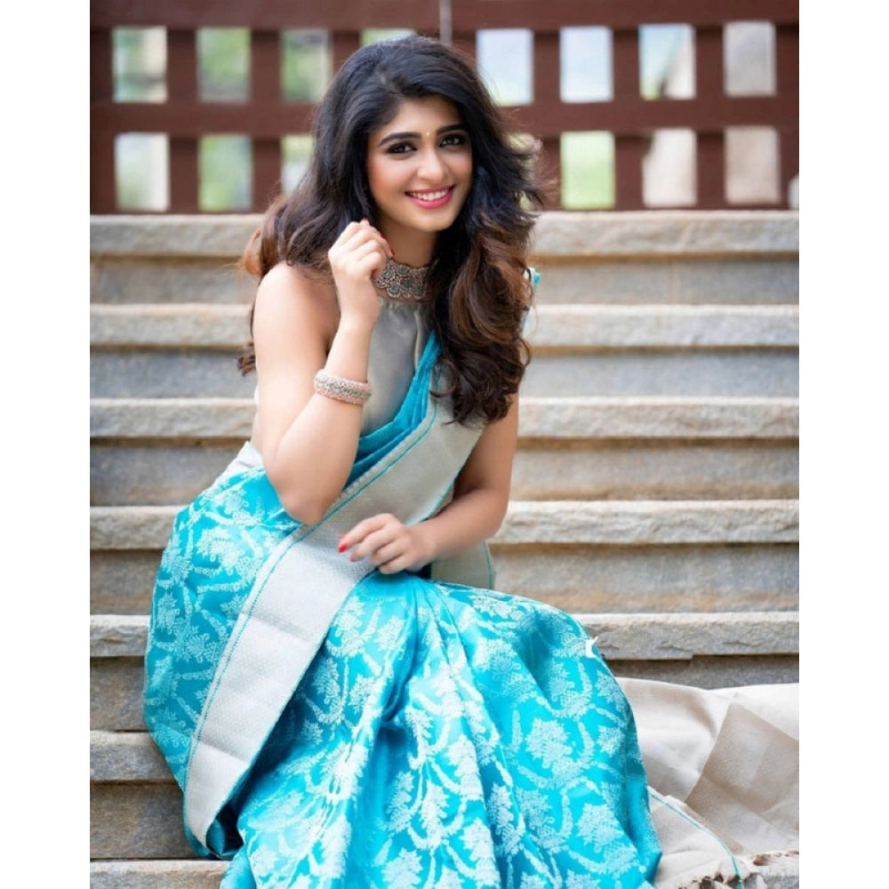Women's Soft Lichi Silk Printed Saree — Sky-Blue · _093