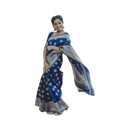 Women's Soft Lichi Silk Printed Saree — Blue · _095