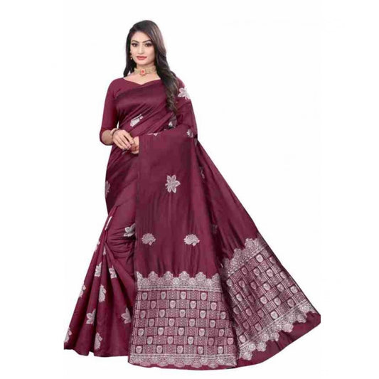 Women's Soft Lichi Silk Printed Saree — Wine · _Wne