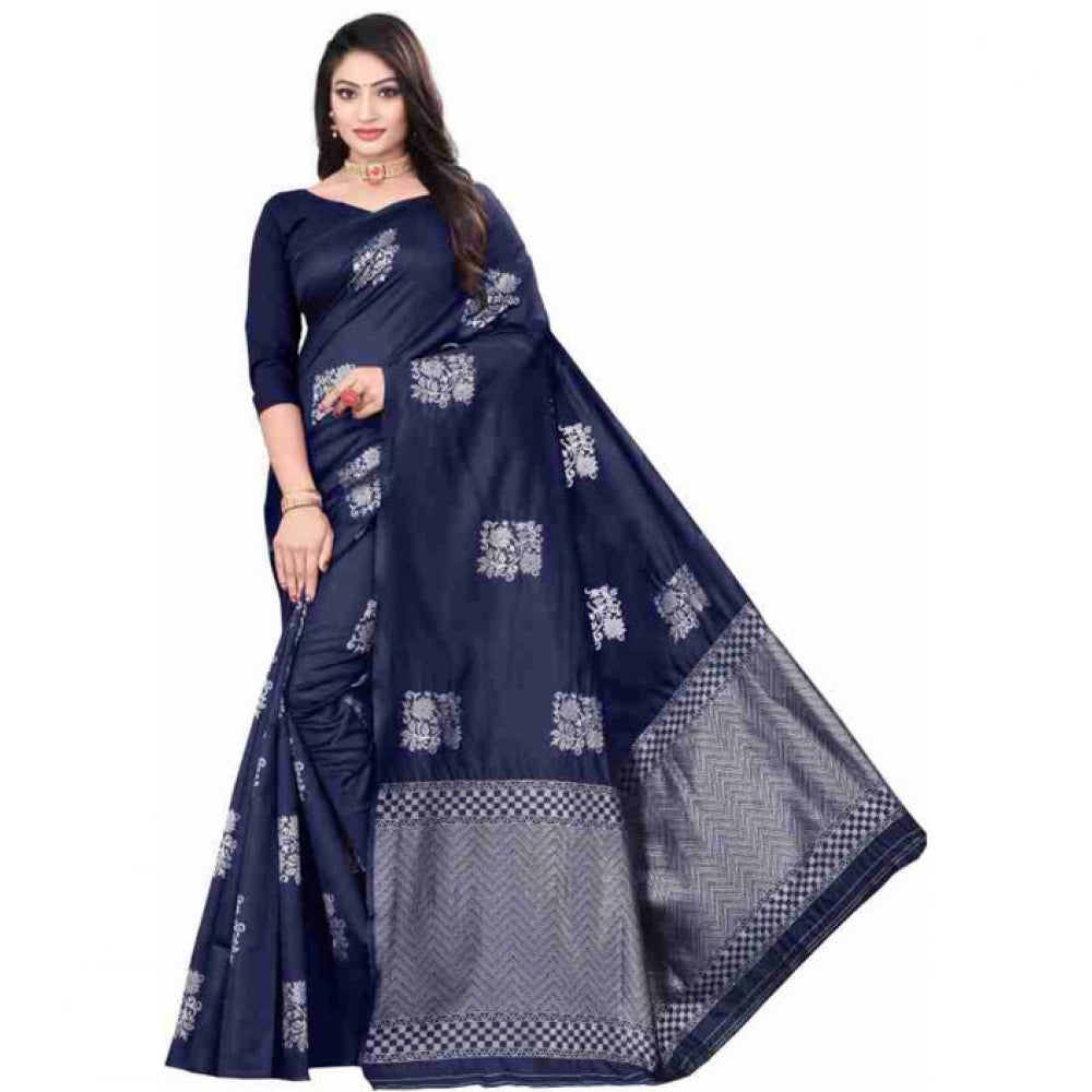 Women's Soft Lichi Silk Printed Saree — Blue · _Blu