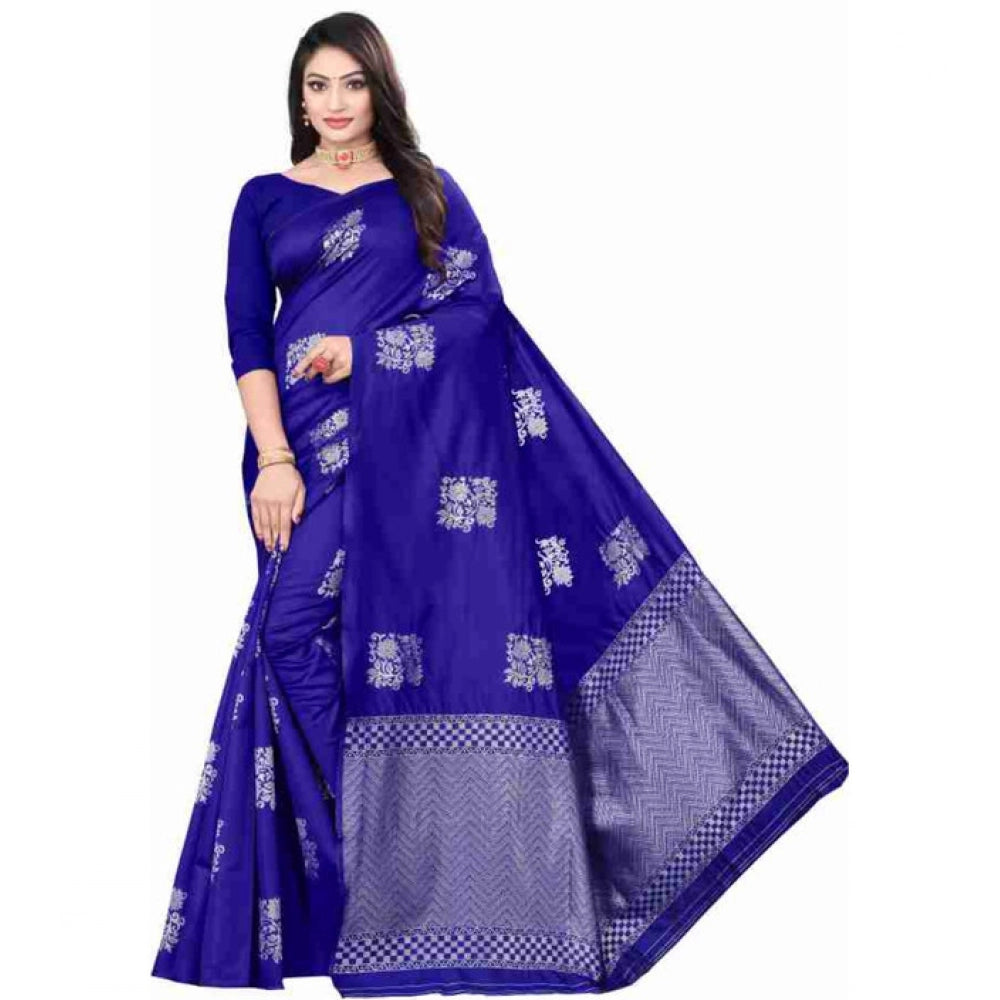 Women's Soft Lichi Silk Printed Saree — Royal-Blue · _RBl