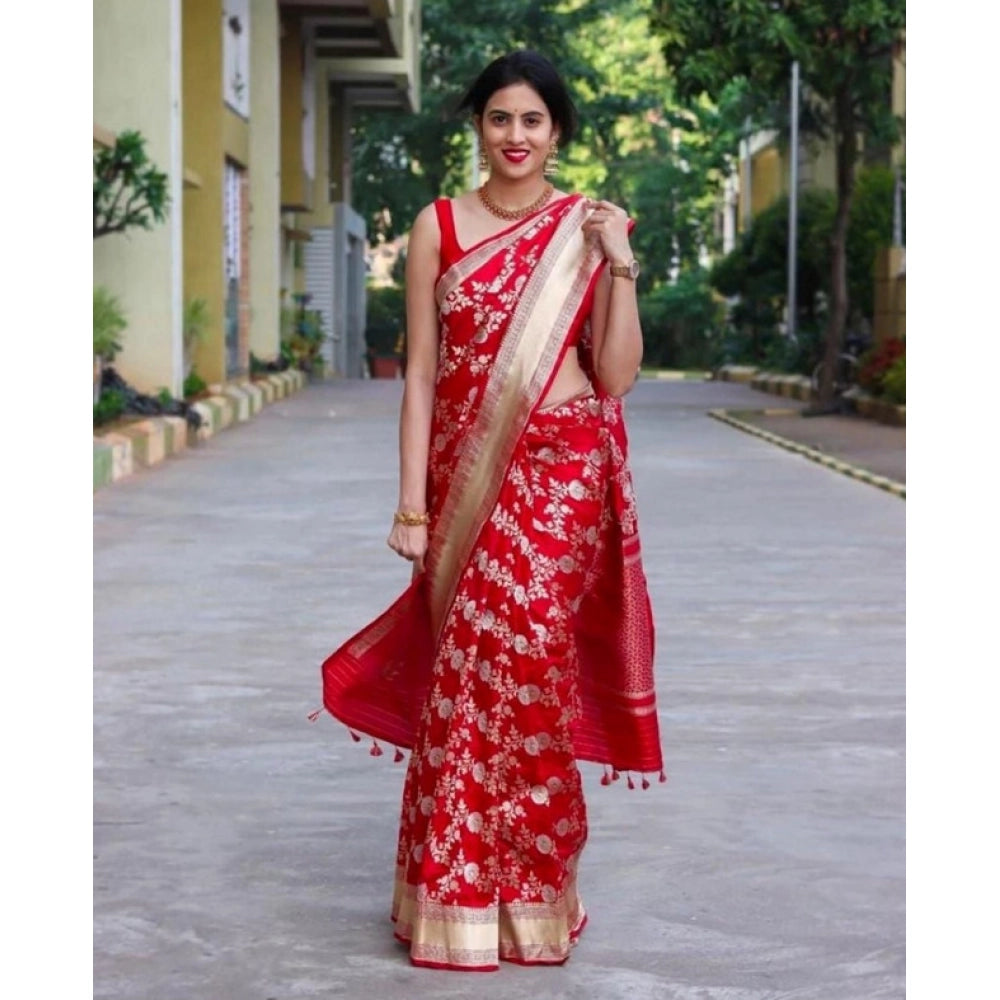 Women's Soft Lichi Silk Printed Saree — Red · _Red