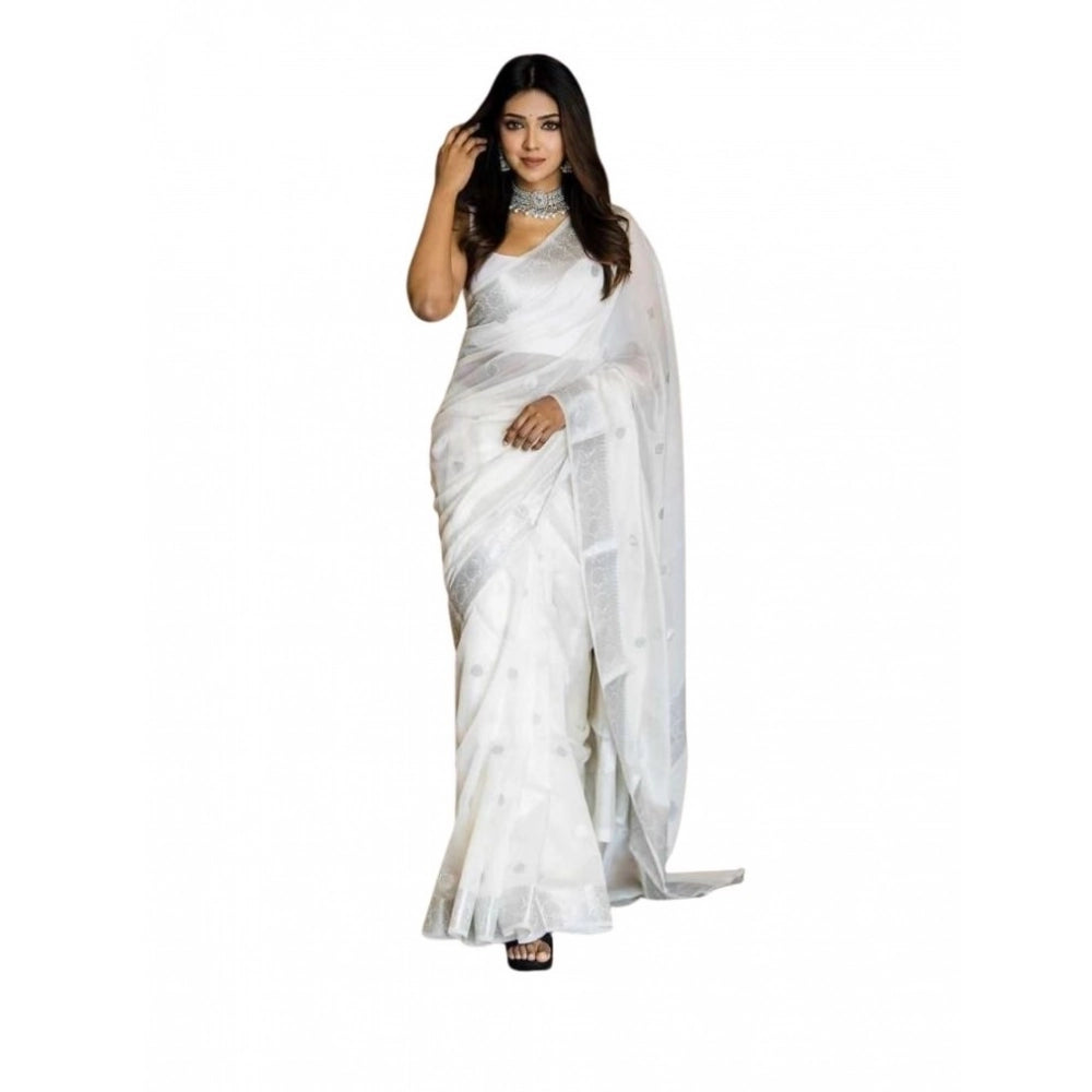 Women's Soft Lichi Silk Printed Saree — White · _Wht