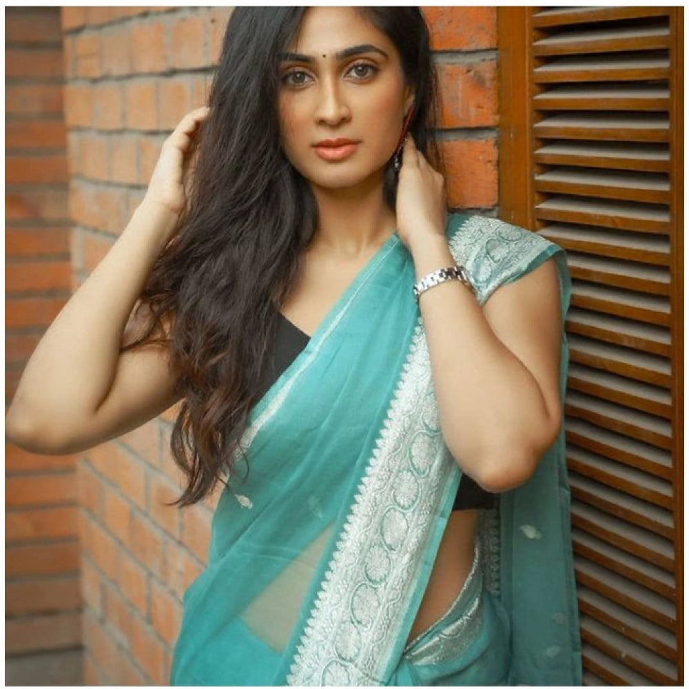 Women's Soft Lichi Silk Printed Saree — Sky-Blue · _SBl