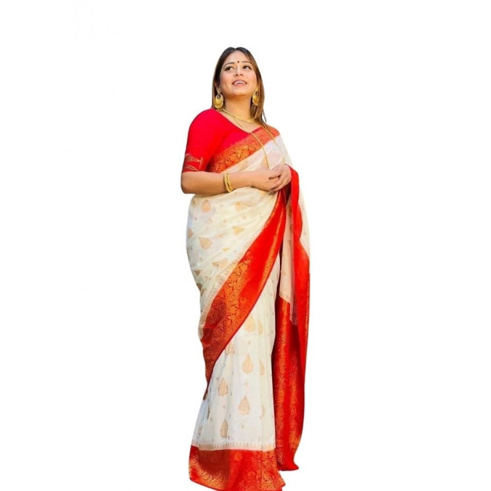 Women's Soft Lichi Silk Printed Saree — White · _126