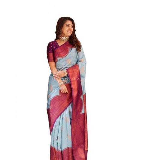 Women's Soft Lichi Silk Printed Saree — Light-Blue