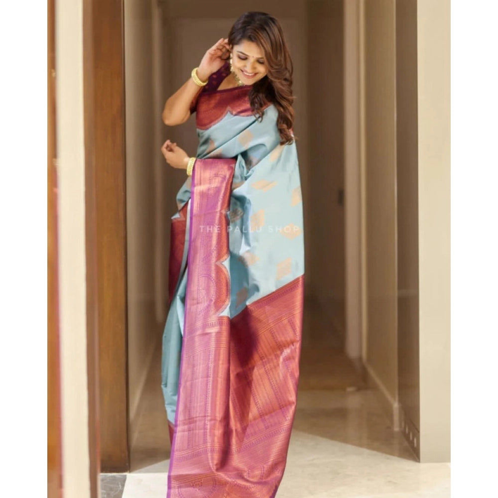 Women's Soft Lichi Silk Printed Saree — Light-Blue
