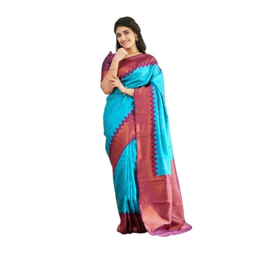Women's Soft Lichi Silk Printed Saree — Sky-Blue · _SBl