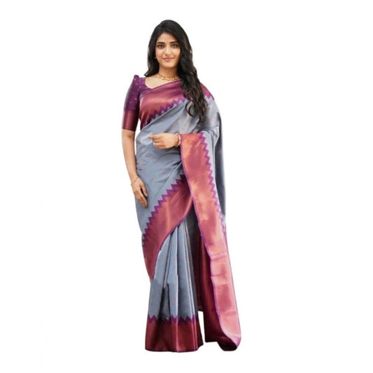 Women's Soft Lichi Silk Printed Saree — Grey · _Gry