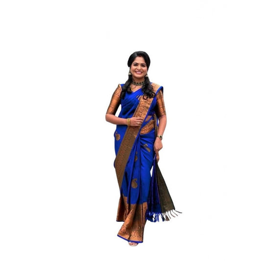 Women's Soft Lichi Silk Printed Saree — Navy-Blue