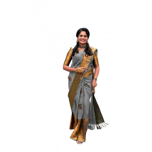 Women's Soft Lichi Silk Printed Saree — Grey · _Gry