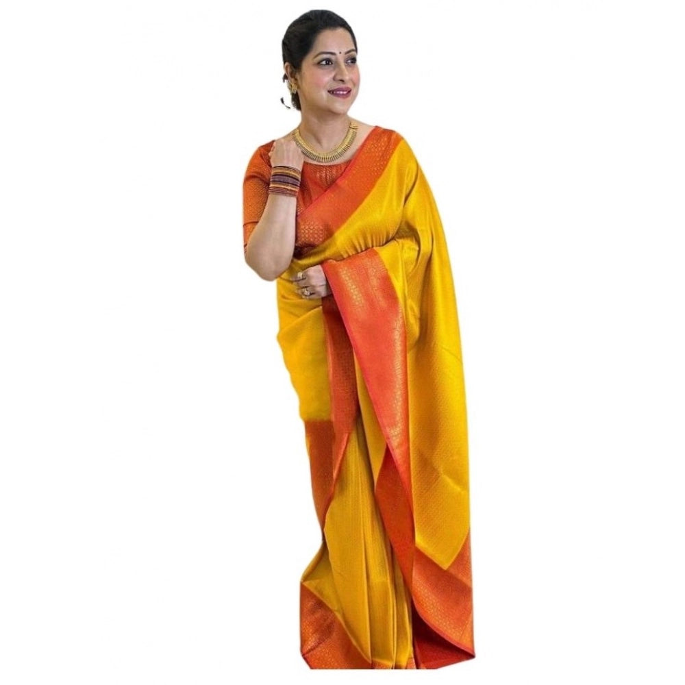 Women's Soft Lichi Silk Printed Saree — Mustard · _Mst