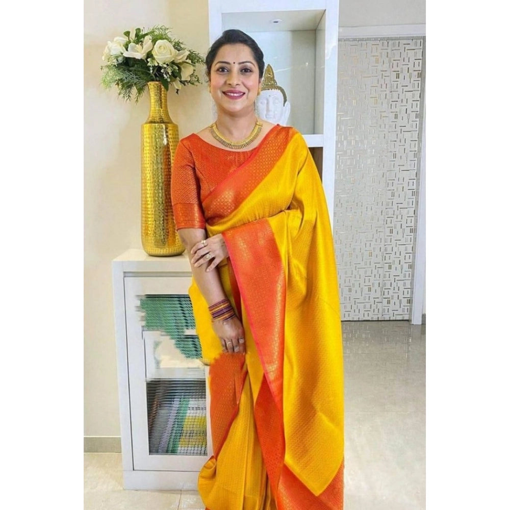 Women's Soft Lichi Silk Printed Saree — Mustard · _Mst