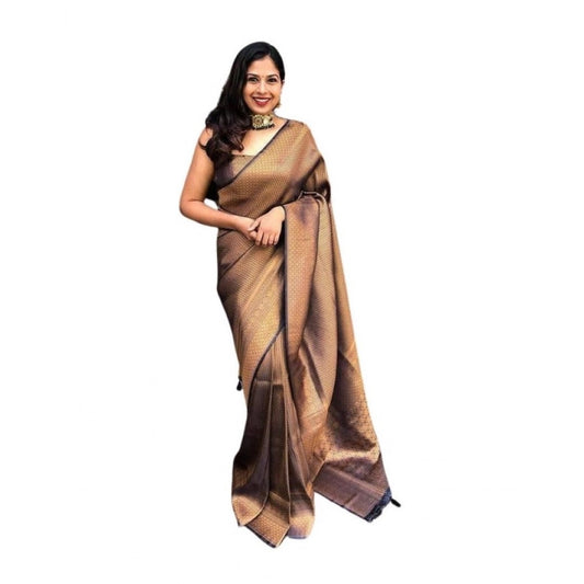 Women's Soft Lichi Silk Printed Saree — Black-Gold