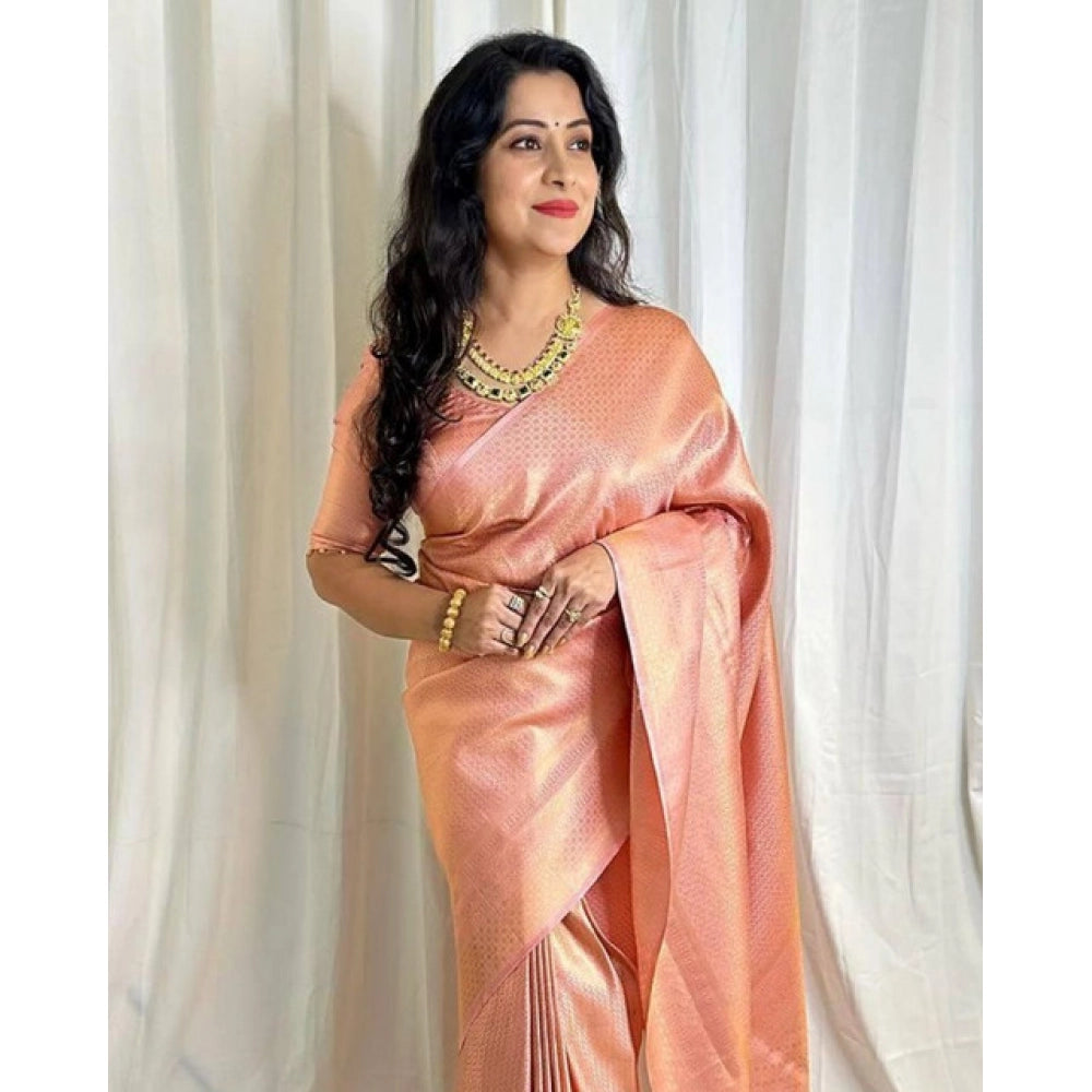 Women's Soft Lichi Silk Printed Saree — Peach · _Pch