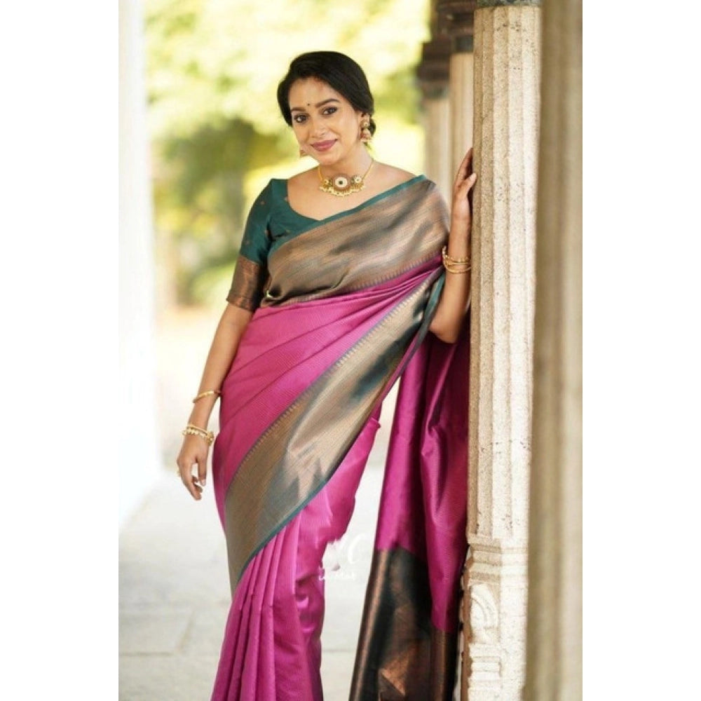 Women's Soft Lichi Silk Printed Saree — Pink · _Pnk