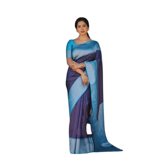 Women's Soft Lichi Silk Printed Saree — Blue · _Blu