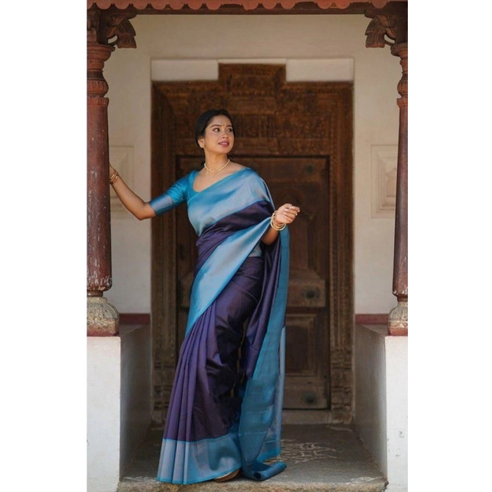 Women's Soft Lichi Silk Printed Saree — Blue · _Blu