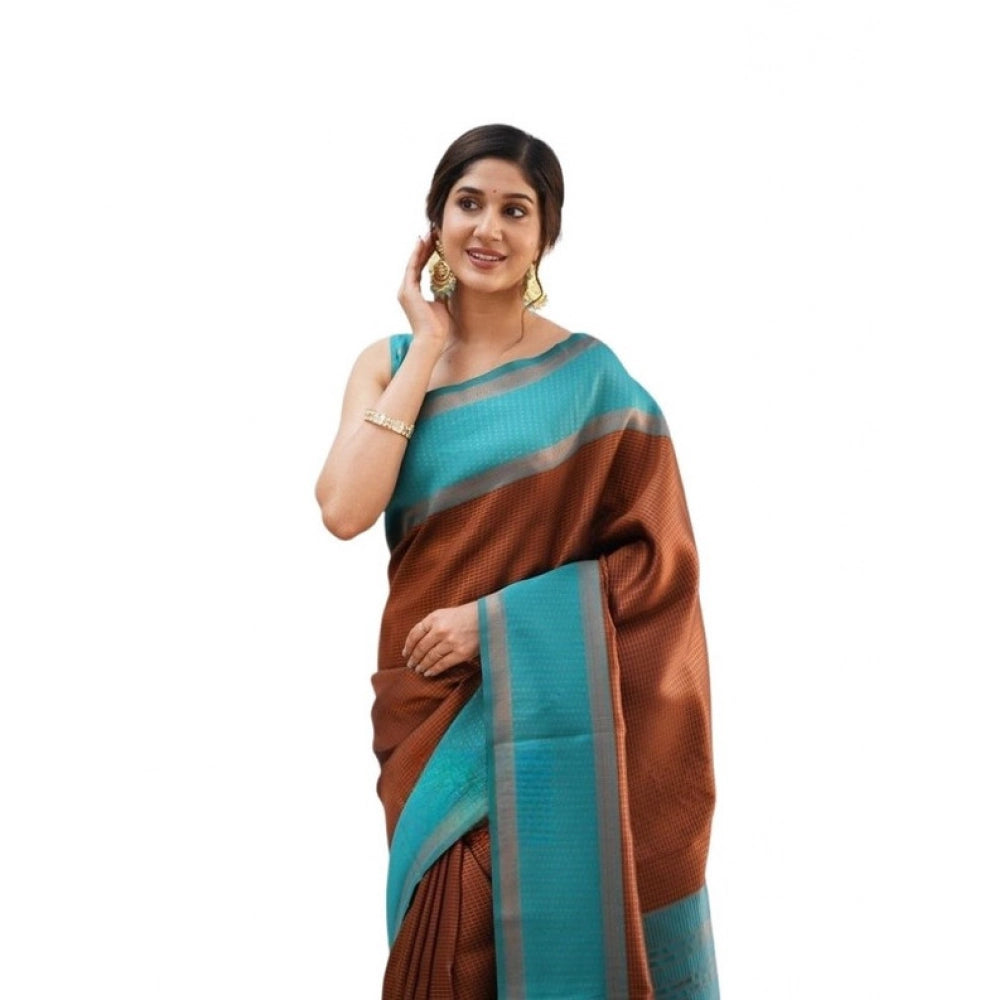 Women's Soft Lichi Silk Printed Saree — Brown · Brwn