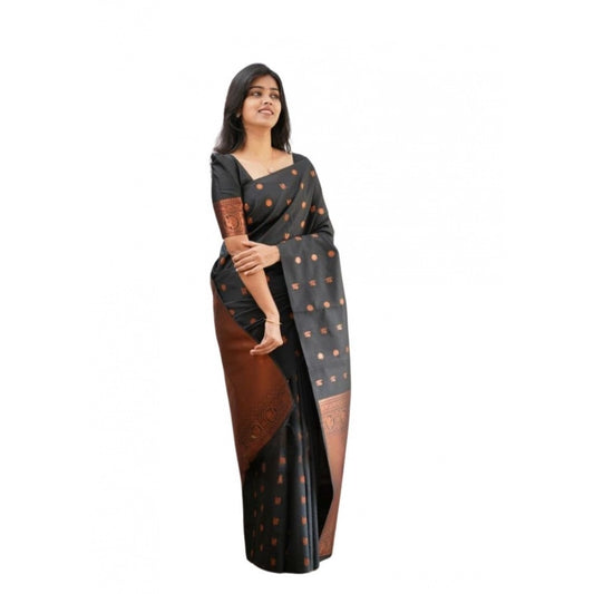 Women's Soft Lichi Silk Printed Saree — Black · _Blk