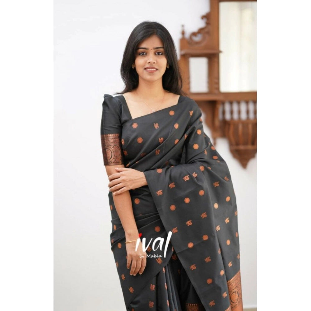 Women's Soft Lichi Silk Printed Saree — Black · _Blk