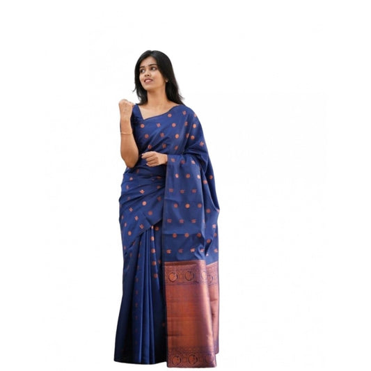 Women's Soft Lichi Silk Printed Saree — Blue · _Blu