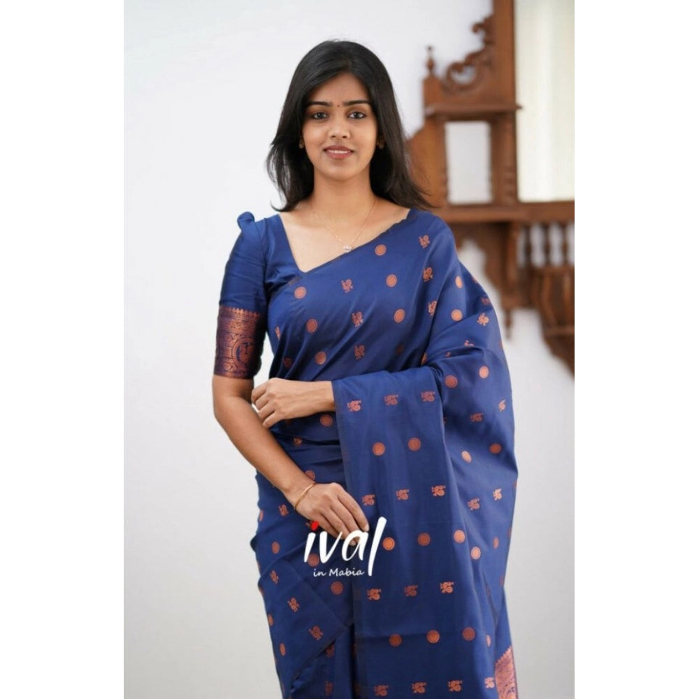 Women's Soft Lichi Silk Printed Saree — Blue · _Blu
