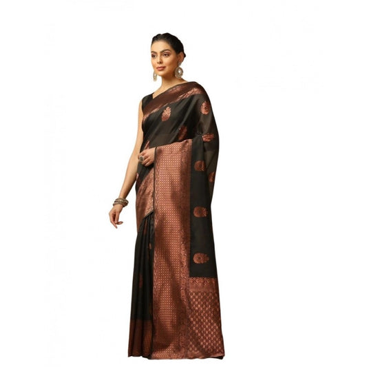 Women's Soft Lichi Silk Printed Saree — Black · _Blk