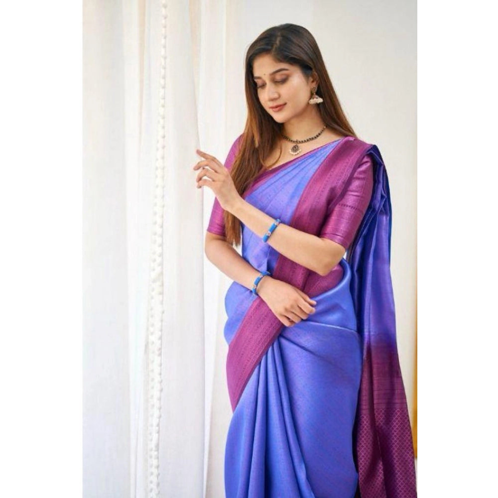 Women's Soft Lichi Silk Printed Saree — Blue · _Blu