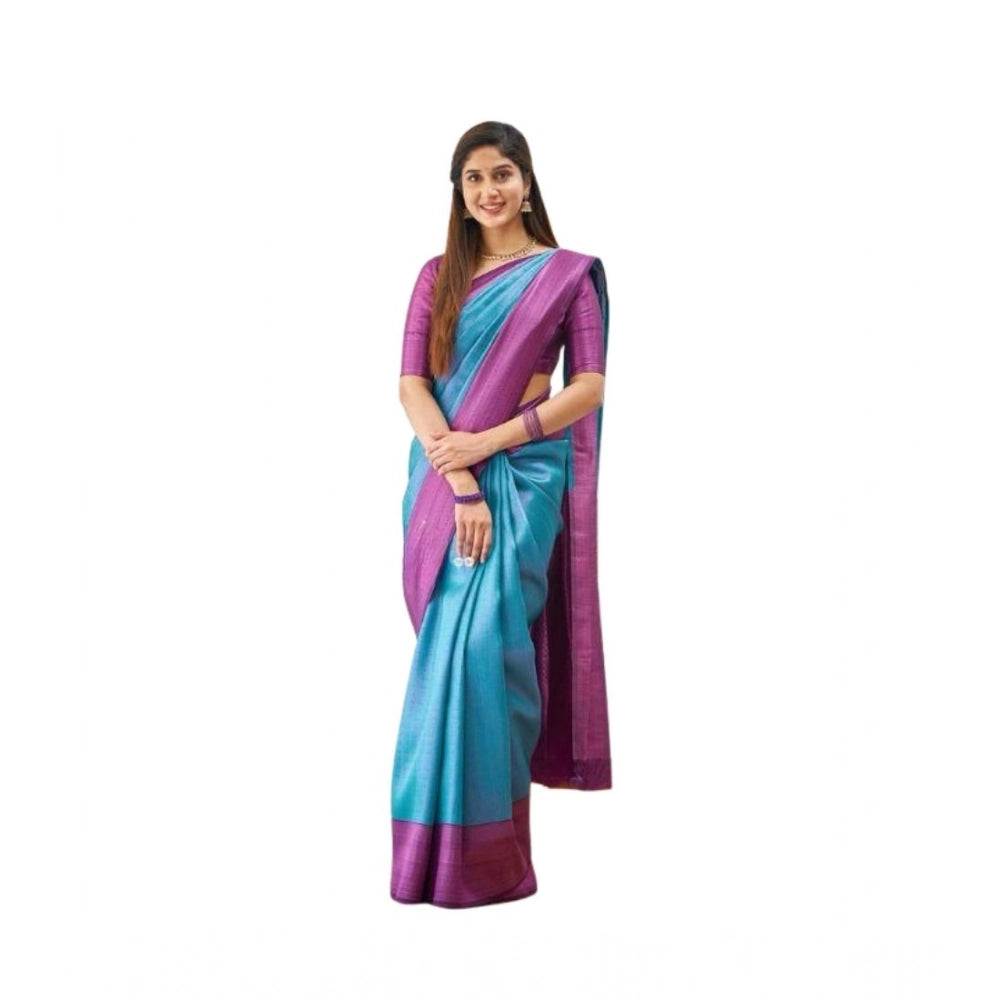 Women's Soft Lichi Silk Printed Saree — Sky-Blue · _Sbl