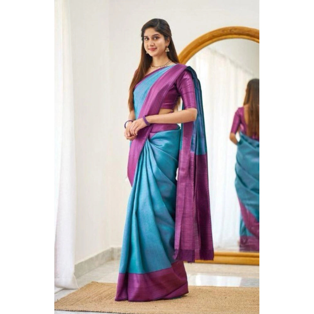 Women's Soft Lichi Silk Printed Saree — Sky-Blue · _Sbl