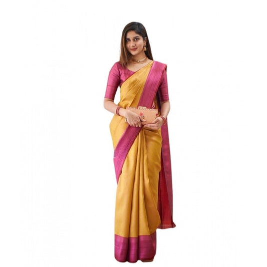 Women's Soft Lichi Silk Printed Saree — Mustard · _Mst
