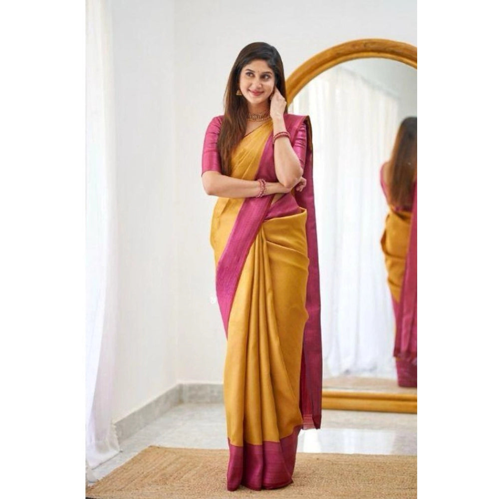 Women's Soft Lichi Silk Printed Saree — Mustard · _Mst