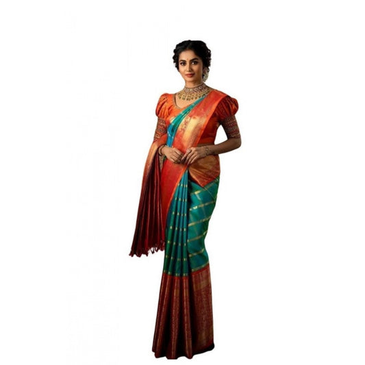 Women's Soft Lichi Silk Printed Saree — Green · _181