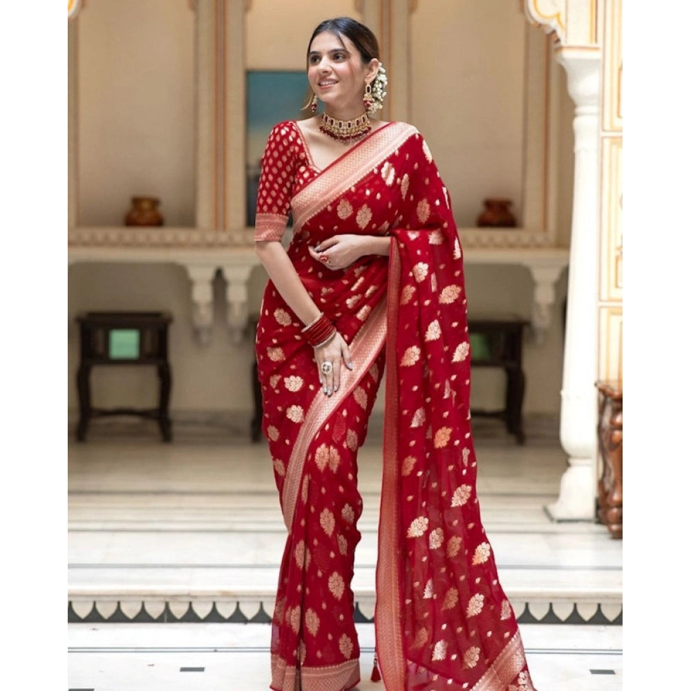 Women's Soft Lichi Silk Printed Saree — Red · _Red