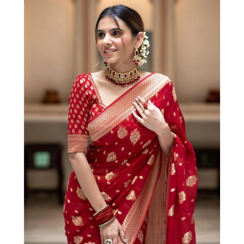 Women's Soft Lichi Silk Printed Saree — Red · _Red