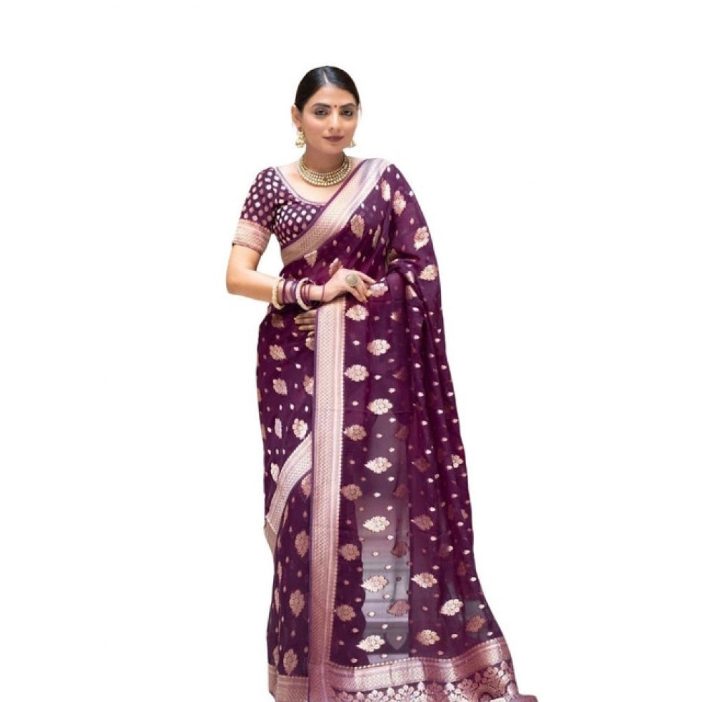 Women's Soft Lichi Silk Printed Saree — Purple · _Prl